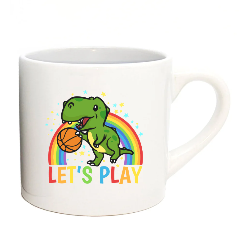 Personalised Children’s Mug / Lungo 6oz rainbow design a dino holding a ball and text let's play