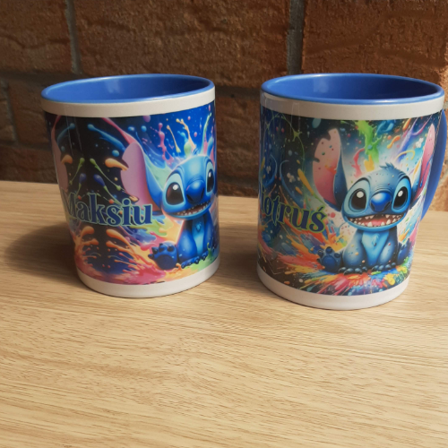 2 Personalised 11oz mug coloured ceramic blue inside and handle design of Stitch and names Maksiu and Piotruś