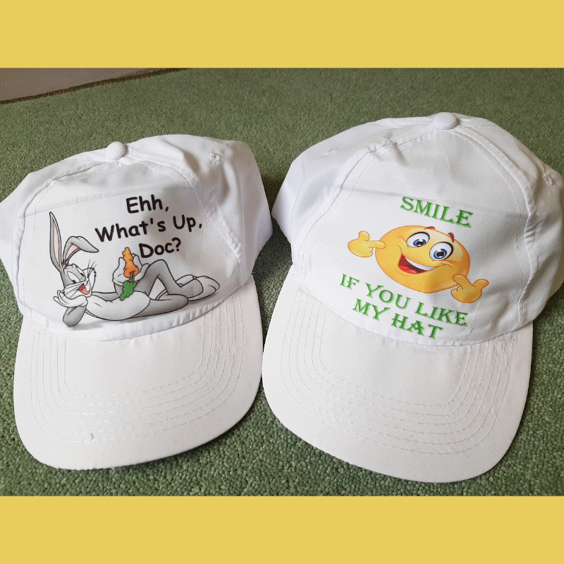 Personalised white baseball caps Ehh what's up doc? and bugs bunny. Smile if you like my hat and a smilie