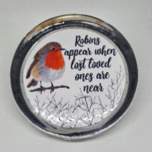 Personalised Glass paperweight with a robin and text robins appear when lost loved ones are near.