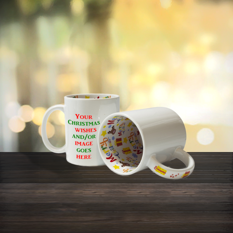 Personalised Merry Christmas 11oz mug (printed inside) has the words Merry Christmas printed on the inside of the mug as well as various other images pertaining to Christmas. The images and text appear around the inside of the mug and the bottom inside of the mug.