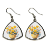 Triangle curved earrings with a design of a teapot and yellow flowers