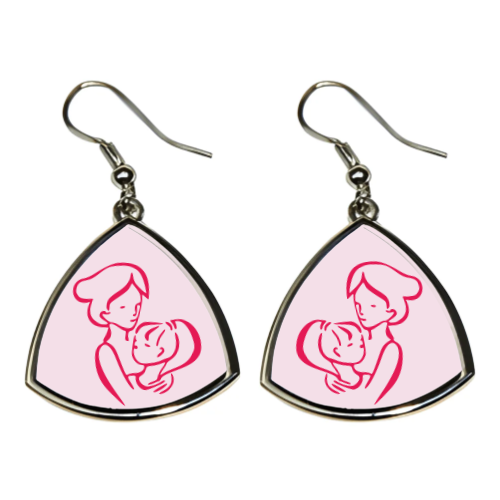 Triangle curved earrings with a design of a line art , a mum hugging her daughter