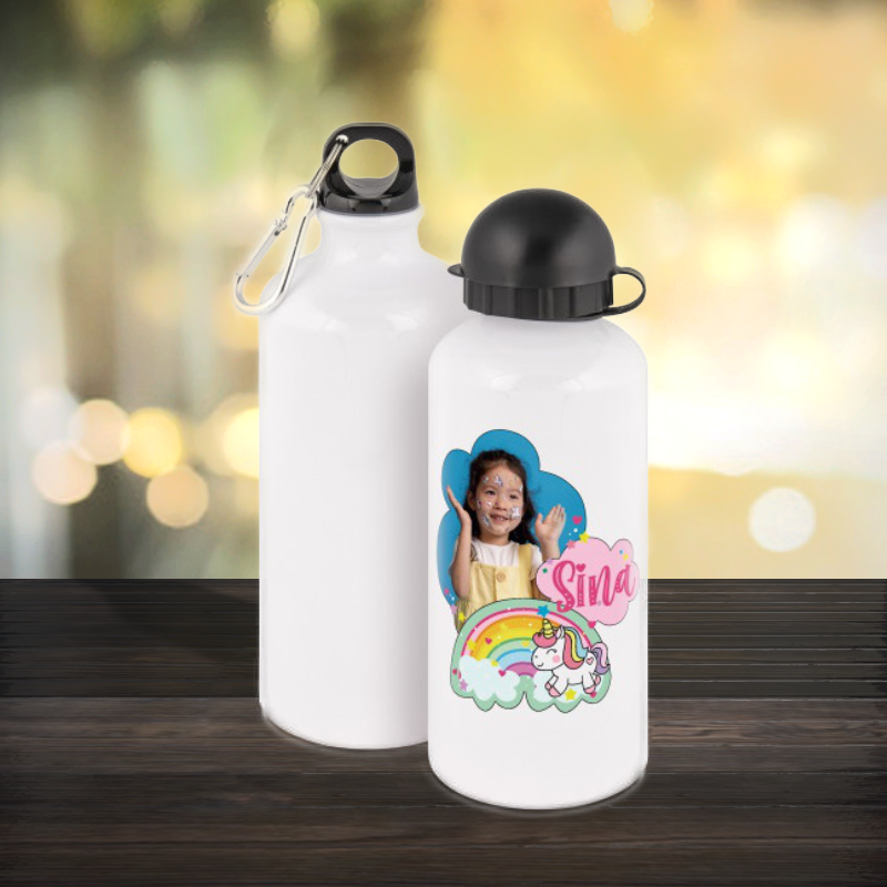 Personalised bottle white aluminium 400ml with a photo of a girl and rainbow and unicorn, named Sina
