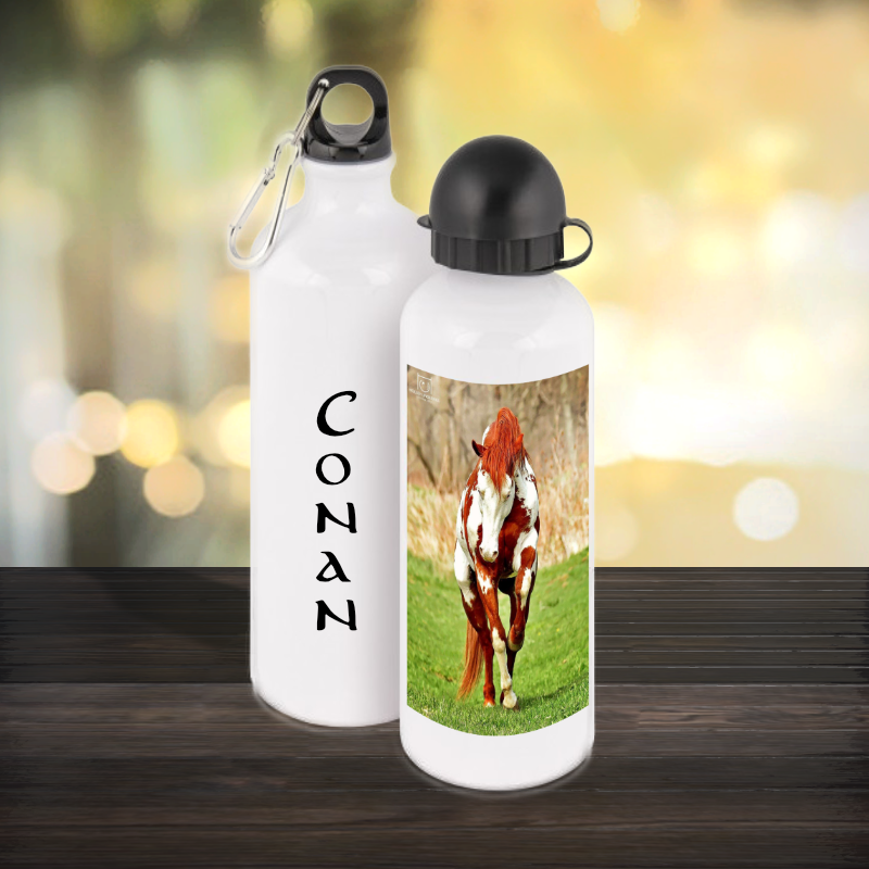 Personalised bottle white aluminium 600ml with name Connor on one bottle and a horse photo on the other, both with 2 lids
