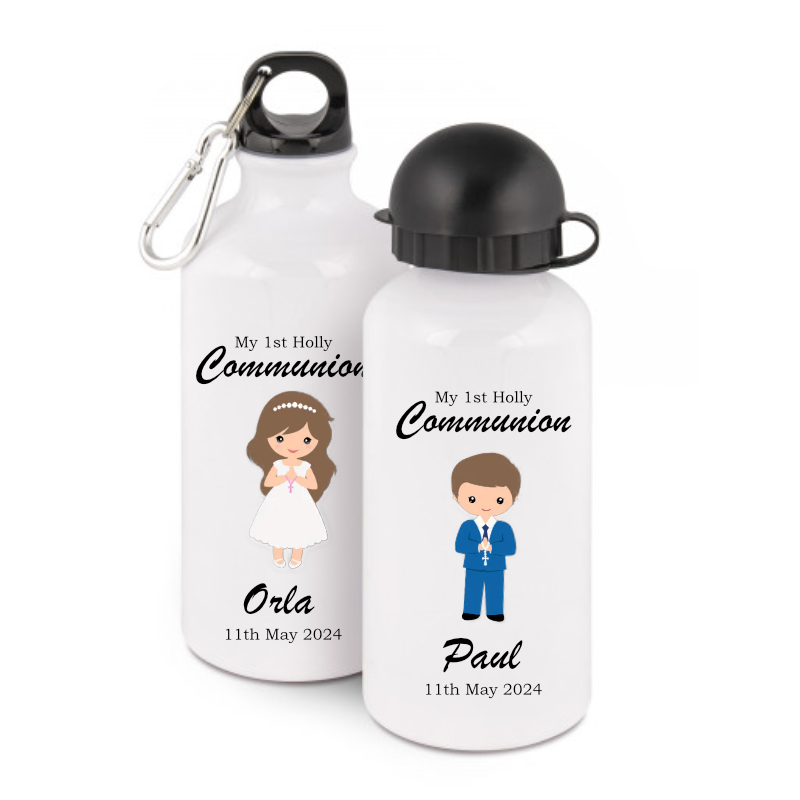 Personalised bottle white aluminium 400ml with My1st Holy Communion designs for girl and boy, featuring names and dates
