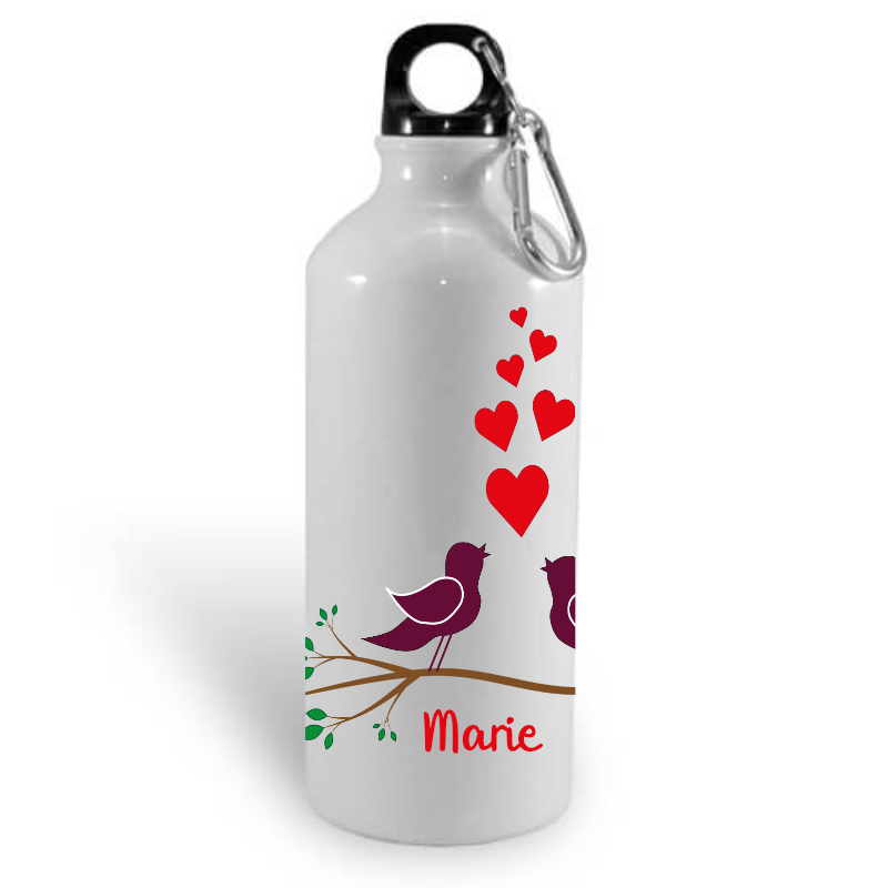 Personalised bottle white aluminium 600ml with two birds on a branch and hearts design, name Marie underneath, with 2 lids