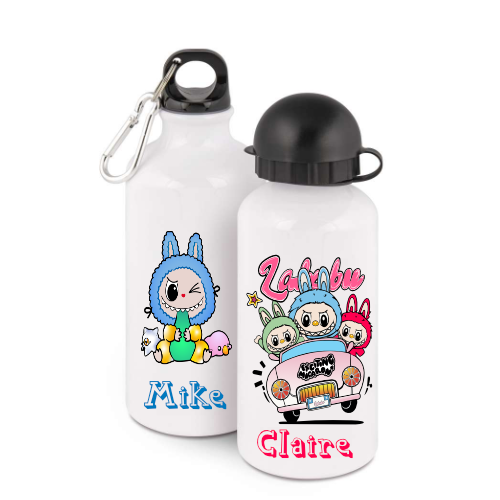 Personalised Water bottles white 600ml with labubu designs and names Claire and Mike