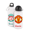 Personalised Water bottle 600 ml with manchester logo and name Kevin, and liverpool logo with Sean name