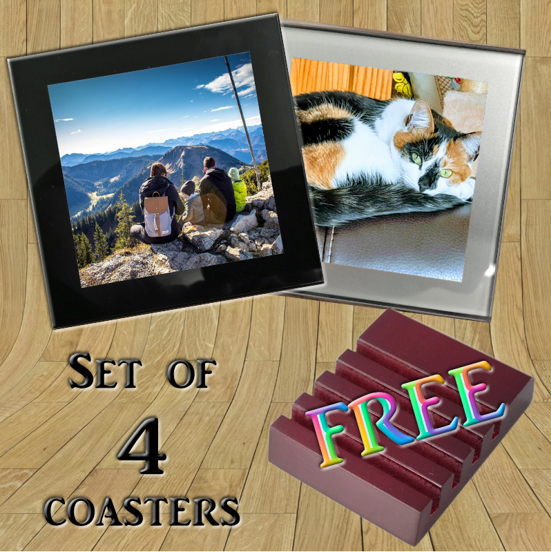 Personalised Glass coasters (set of 4) black or silver border with a wooden stand as a free gift