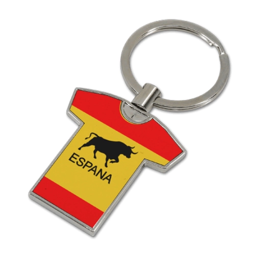 Personalised t-shirt shaped keyring ESPANA with colours red yellow and a bull