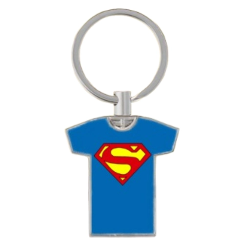 Personalised t-shirt shaped keyring in blue colour and superman logo design
