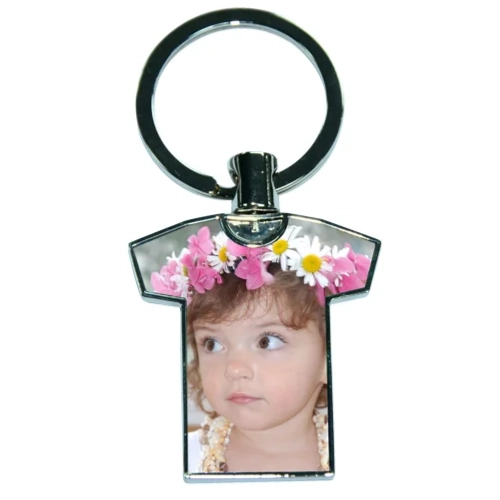 Personalised t-shirt shaped keyring with a photo of a girl with flowers on her head