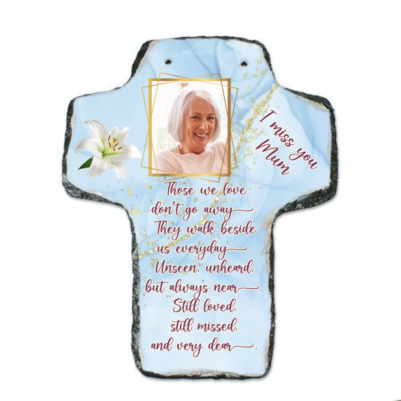 Hanging Cross Stone Photo Slate personalised mothers memorial, i miss you mam and a poem
