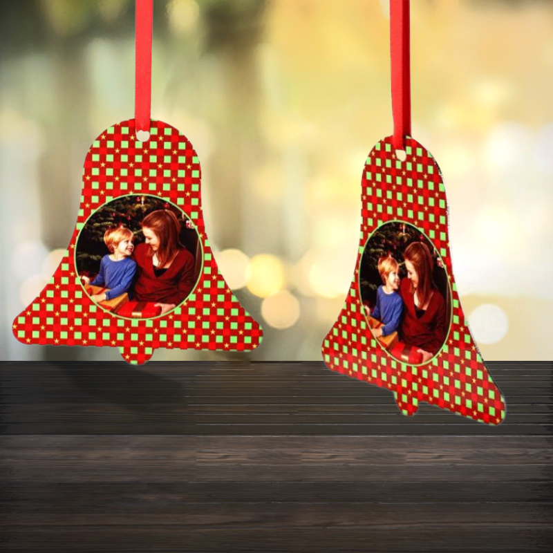 Personalised Christmas Aluminium ornament bell shape, a mother and her child