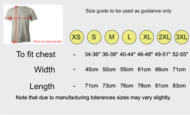 Unisex T-shirt size chart for S to 5XL – width and length measurements for accurate fit guidance.