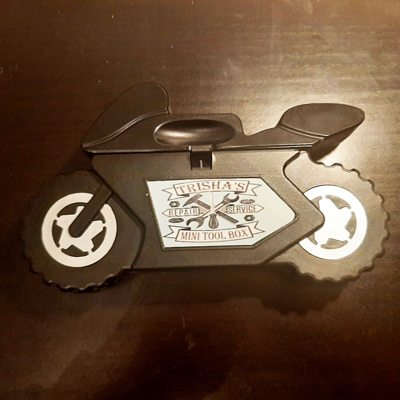motorcycle shaped tool box personalised. Trisha's repair service mini tool box