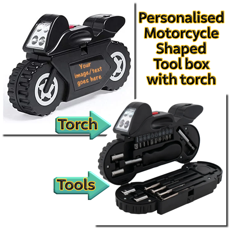 motorcycle shaped tool box with torch, closed and open to show the tools it contains