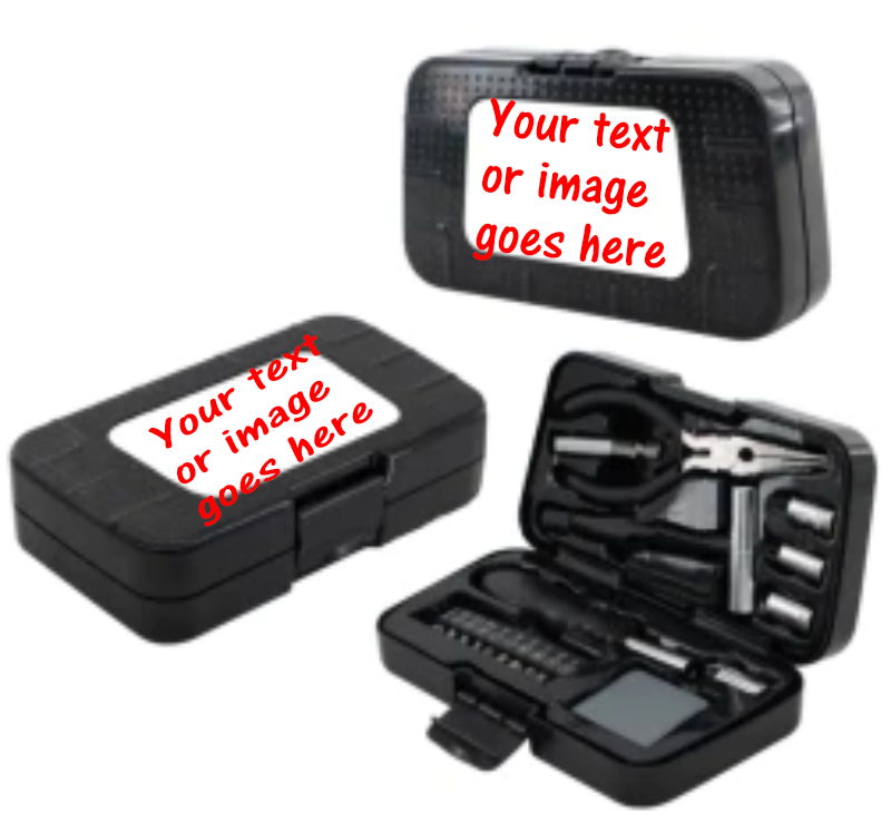 tool box that shows what tools it contains and shows where you can personalise it with your text and or image