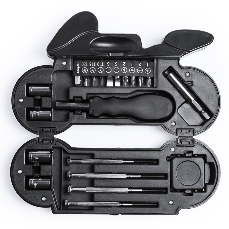 motorcycle shape tool box opened, shows the tools that contains