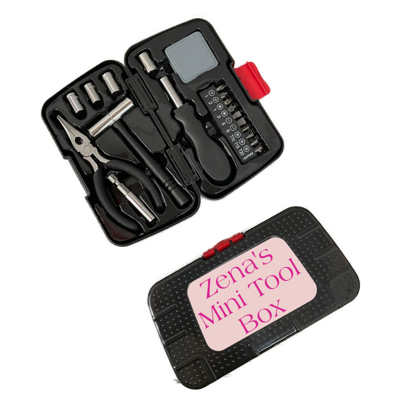 tool box personalised Zena's mini tool box and open where shows tools that contains