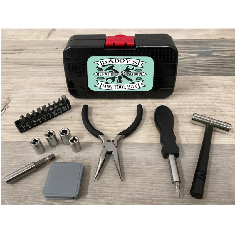tool box personalised Daddy's repair service mini tool box and in front of it the tools that contains