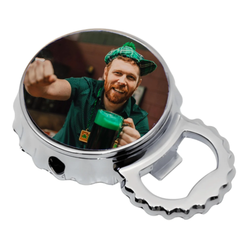 Personalised bottle cap shaped bottle opener and lighter personalised with a photo of a young man wearing a green hat holding a beer