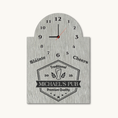 Personalised bar sign metal wall clock, with sayings Sláinte, cheers, Michael's Pub, Traditional Premium quality