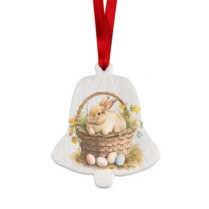 air freshener bell shaped personalised with a design of an easter bunny inside a basket with flowers and eggs