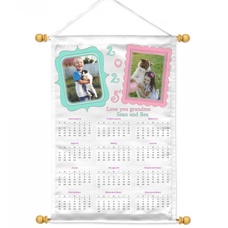 calendar 2025 545 Personalised wall hanging photo panel-calendar, 2 photos with kids and saying love you grandma