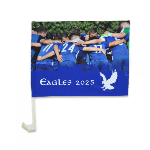 Personalised car flag with a design of a few players and reads Eagles 2025
