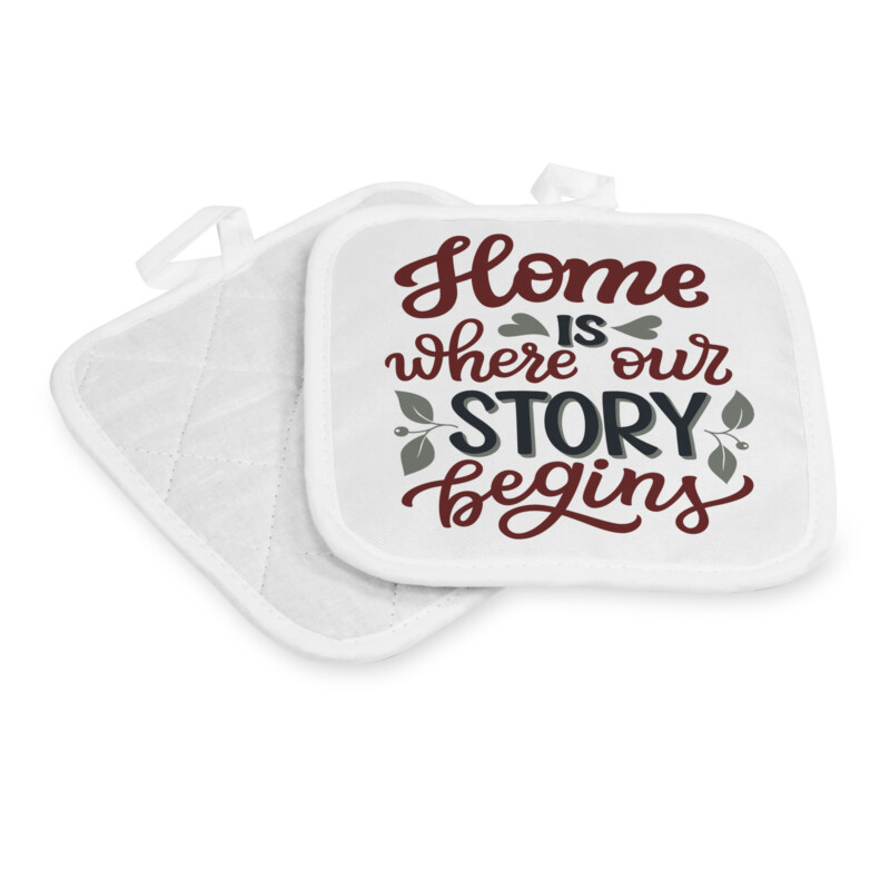 pot holder personalised message home is where our story begins