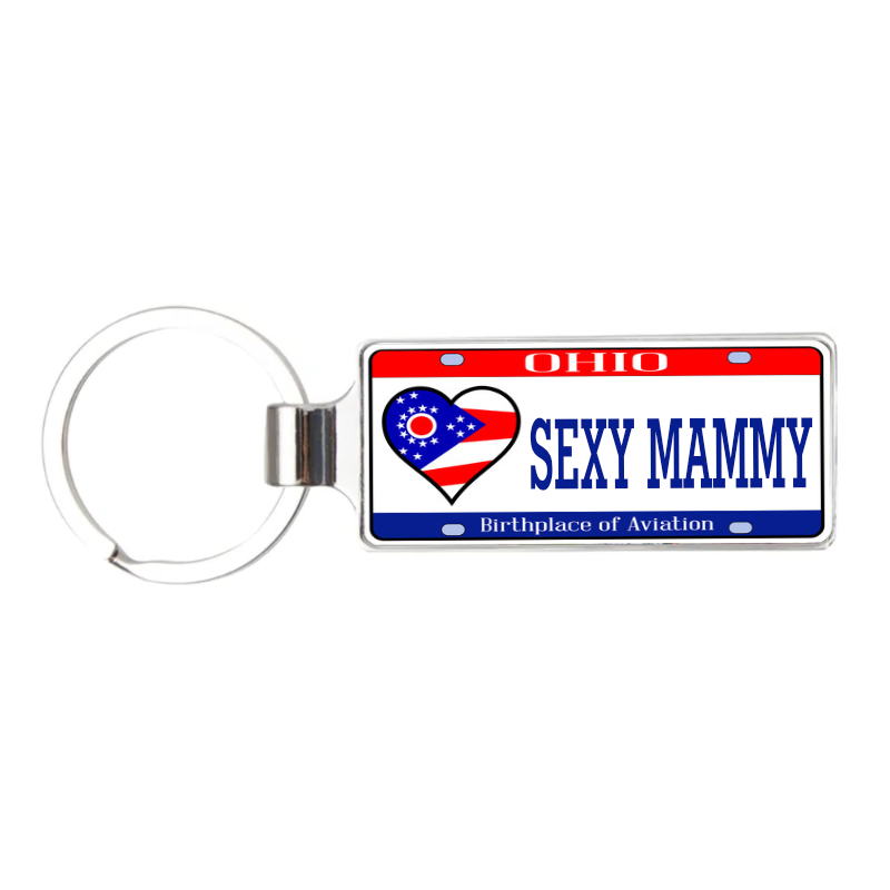 metal keyring with a licence car plate design of Ohio, a heart shape flag and reads sexy mammy, Birthplace of aviation