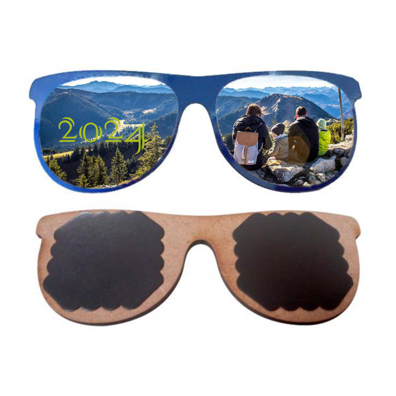 : Personalised MDF fridge magnet sunglasses shape, 2024 day out in the mountains family of 4