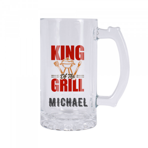 Glass beer mug 16oz personalised with a name and design king of the grill