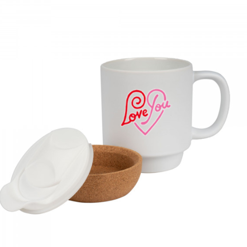 Ceramic cup with lid & removable cork base 5465 Personalised ceramic mug with lid & cork base.