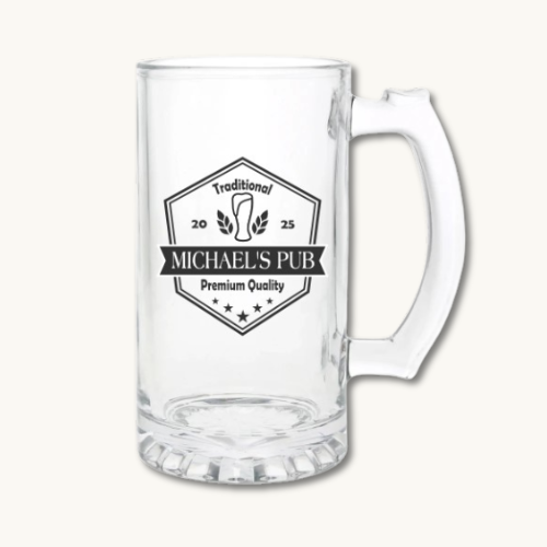 Personalised Beer Mug Clear Glass 16oz, traditional premium quality, Michael's Pub