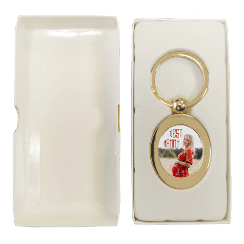 Oval Metal Keyring - Gold coloured, personalised with a photo of a pregnant woman and reads best mammy