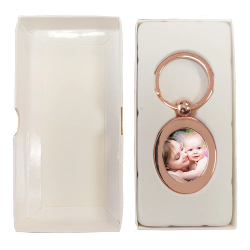 Oval Metal Keyring - Rose Gold personalised with a photo of a mother and her baby
