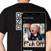 Funny QR Code T-Shirt back view with phone in front showing rude meme after scan – unisex joke gift with hidden message.