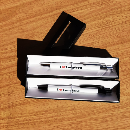 2 Longford Souvenir Ballpoint Aluminium Clip Pens 1 with black and 1 with silver tips i love Longford