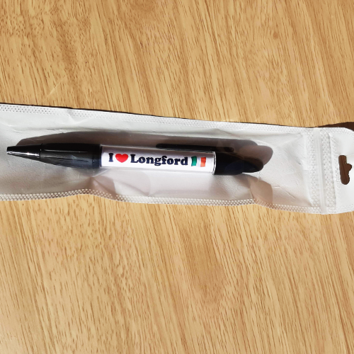Longford Souvenir Pen with I ❤️ Longford design, black ink, and comfortable grip, perfect for tourists and locals.
