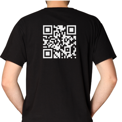 Funny QR Code T-Shirt back view with scannable code linking to rude meme – unisex novelty gift.