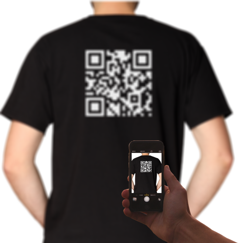 Funny QR Code T-Shirt being scanned by mobile phone on back of unisex tee, revealing hidden rude meme – prank gift idea.