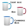 3 mugs, different colours inside and handle, light blue, red and Cambridge blue