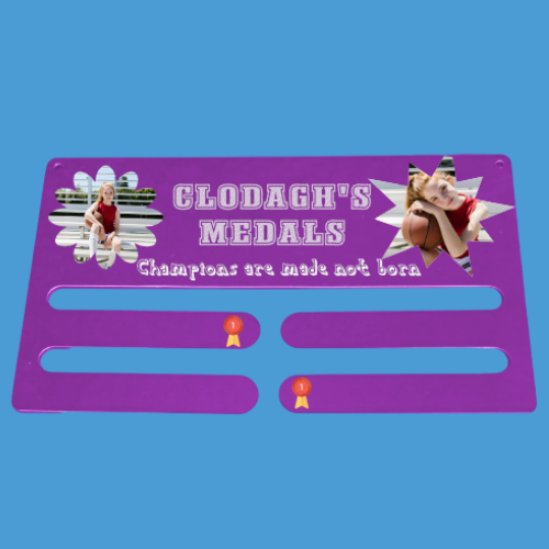 Personalised Metal Double medal holder Clodagh medals, txt: champions are made not born