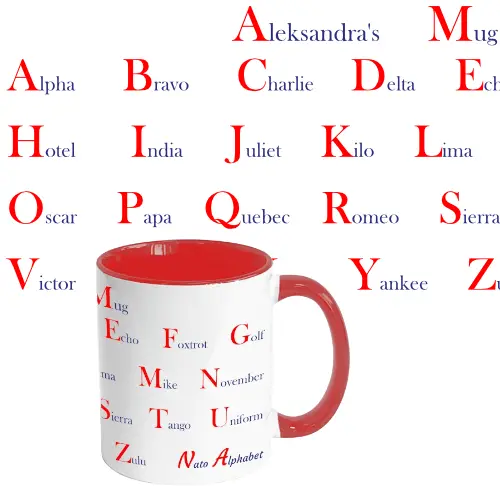 Personalised 11oz mug NATO Phonetic Alphabet, Aleksandra's mug, with red colour inside and handle