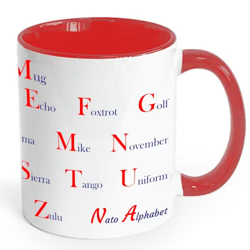 Personalised 11oz mug NATO Phonetic Alphabet, Aleksandra's mug, with red colour inside and handle