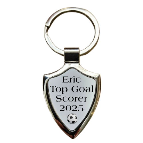 Personalised Shield Metal Keyring, with silver finish, text Eric, Top goal scorer 2025 and a photo of a football