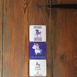 Personalised metal panels Hanging Triptych with unicorn designs and text
